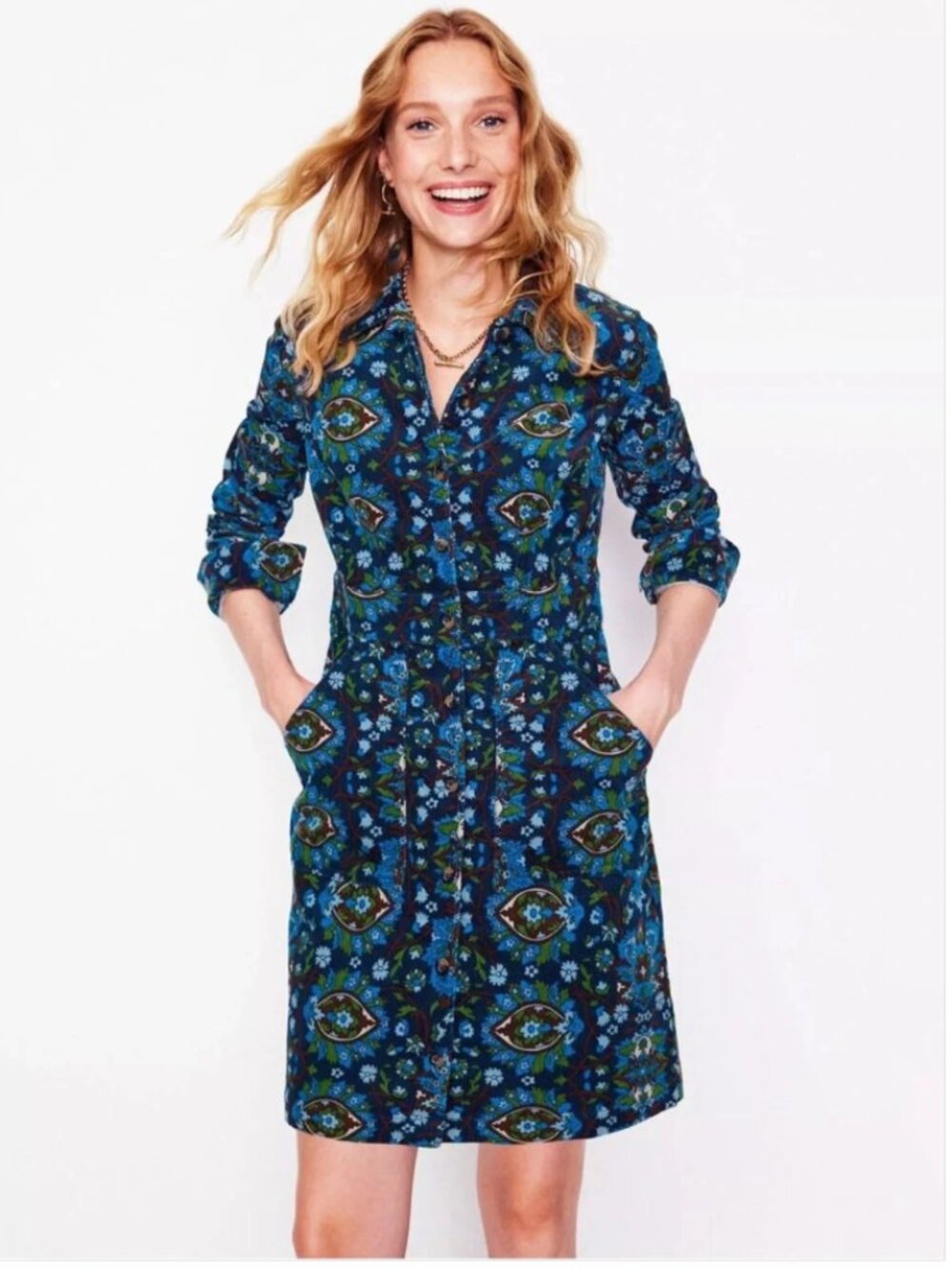 BODEN Floral Corduroy Shirt Dress Women's 10 Long Blue Fall Autumn Cord